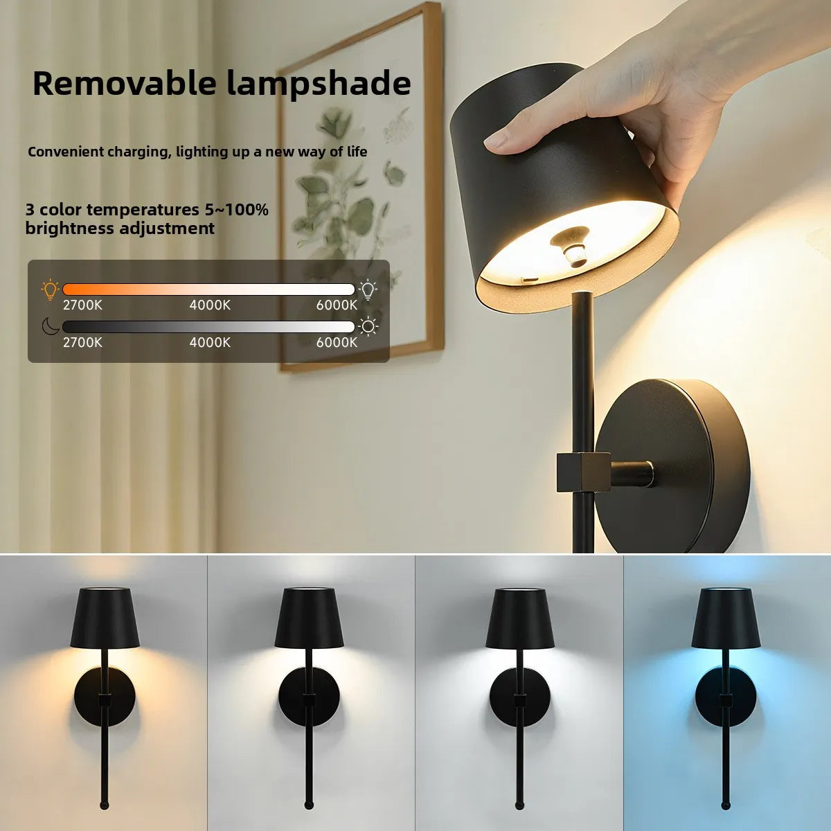 Cordless Wall Sconce Tapered Metal Shade Rechargeable Touch Remote Dimmable Bedside Hallway