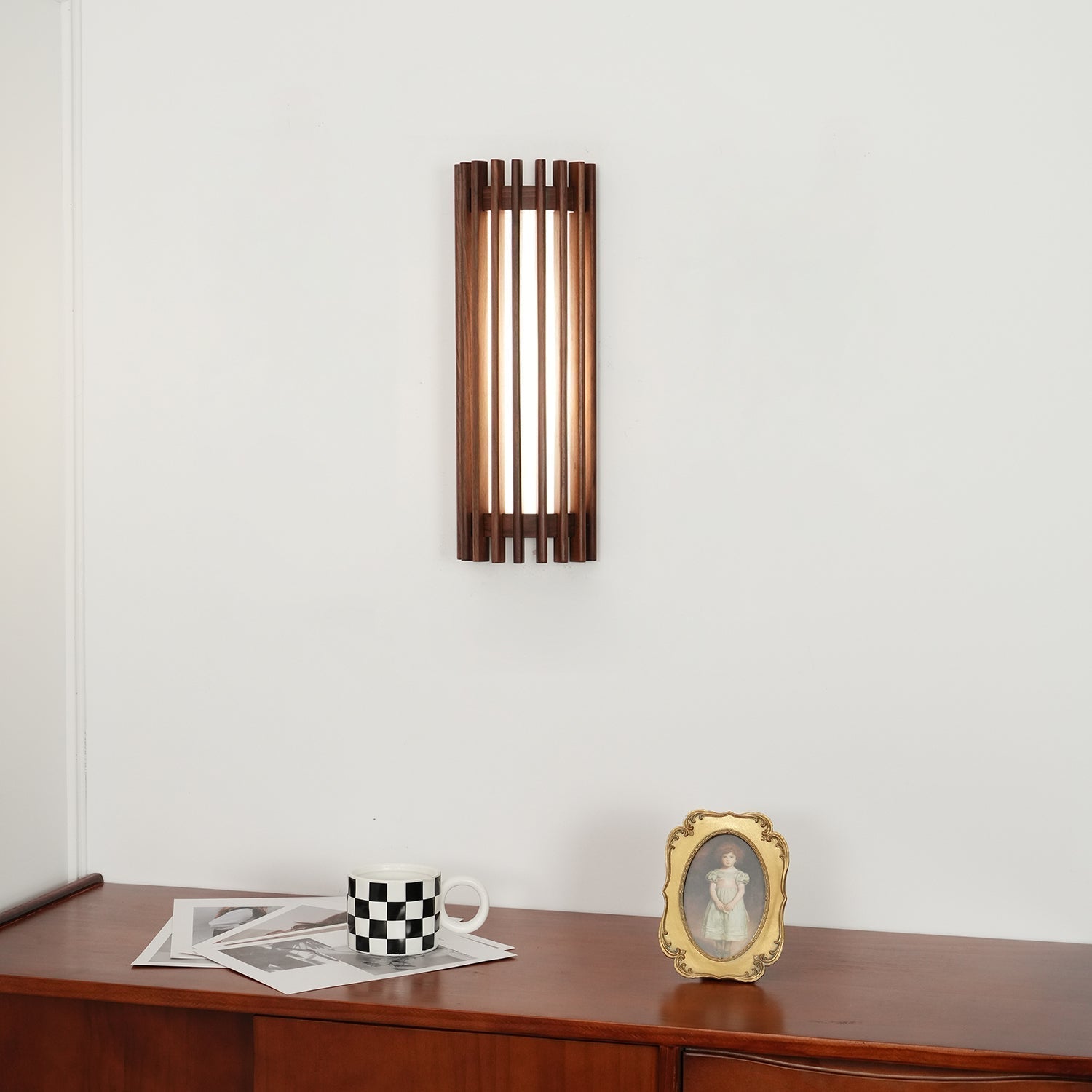 Wood Wall Sconce with LED Light & Slatted Frame