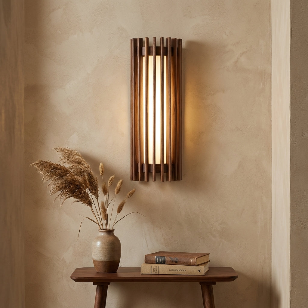 Wood Wall Sconce with LED Light & Slatted Frame