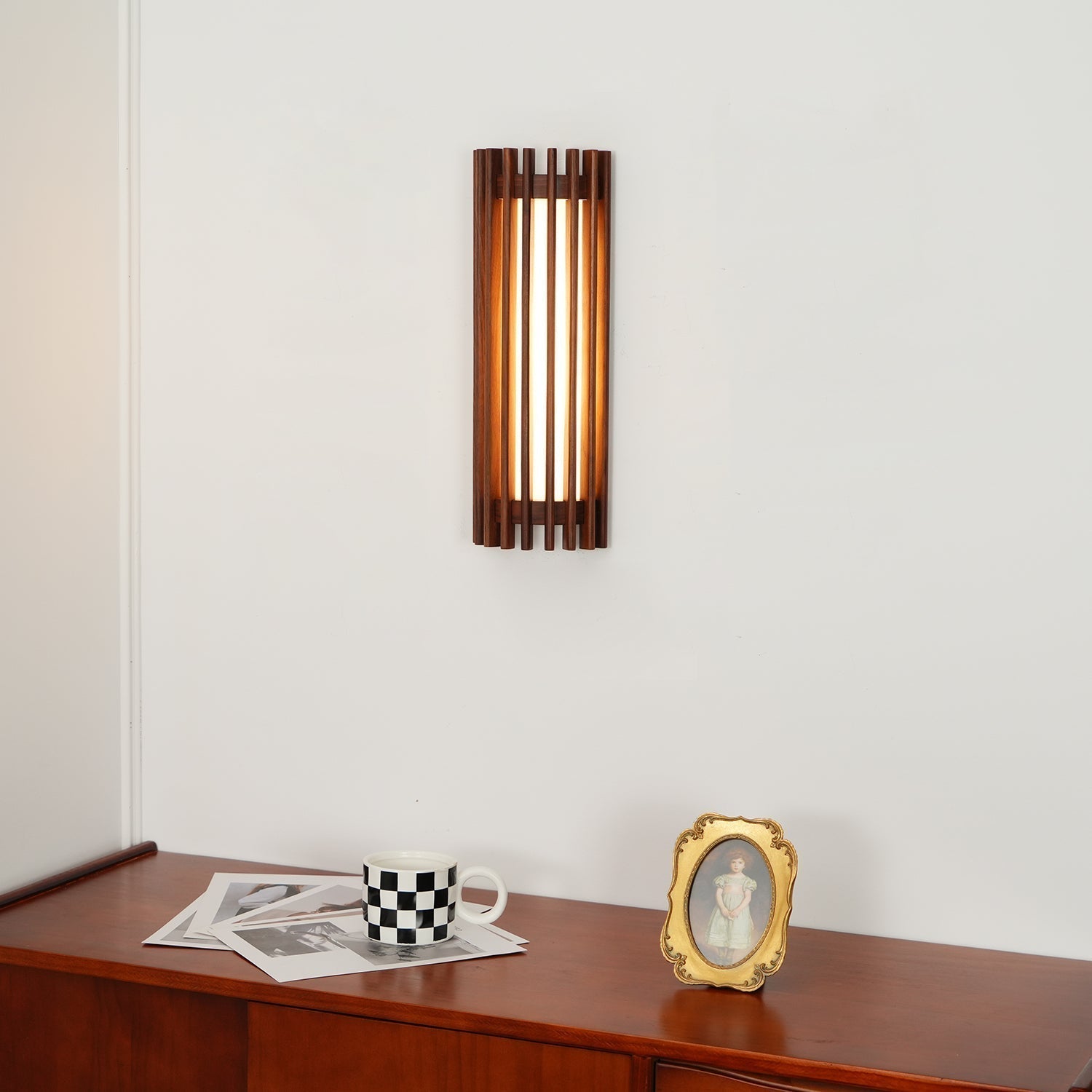 Wood Wall Sconce with LED Light & Slatted Frame