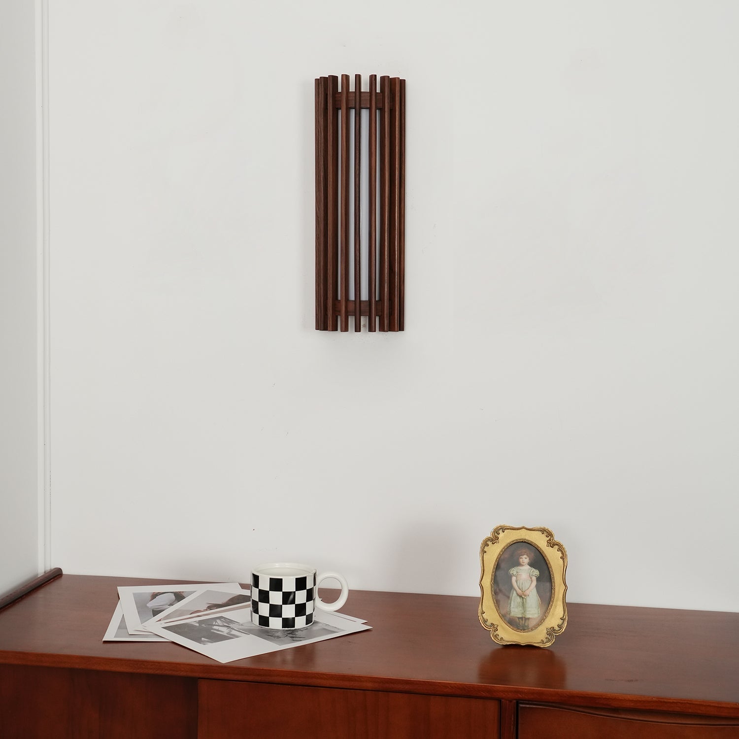 Wood Wall Sconce with LED Light & Slatted Frame