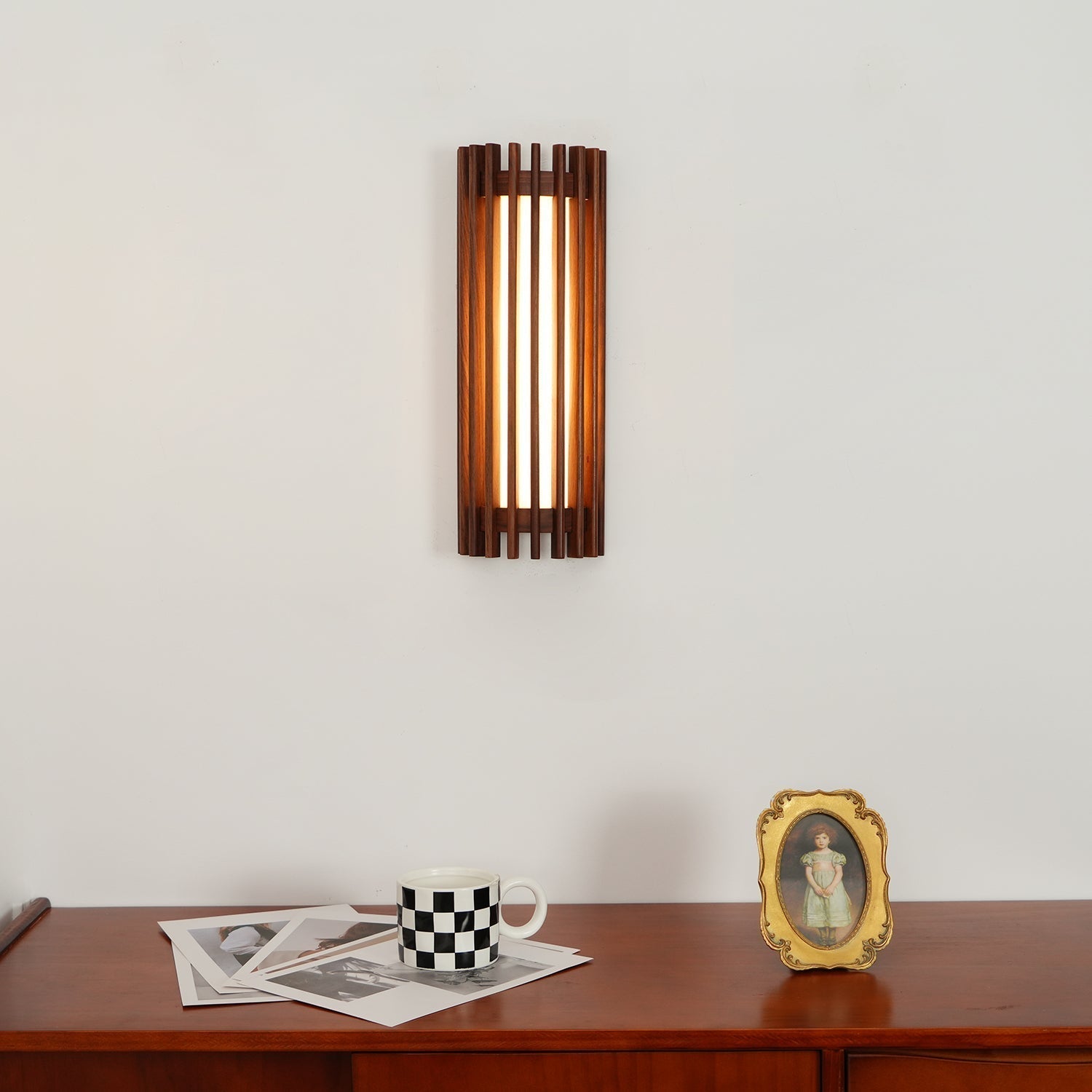 Wood Wall Sconce with LED Light & Slatted Frame