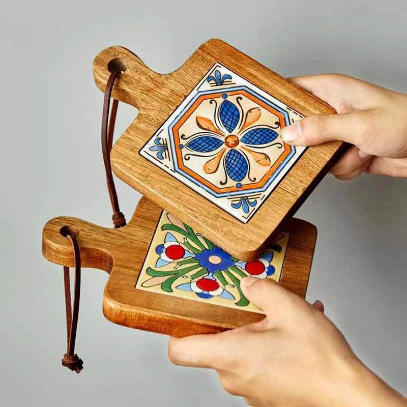 Wooden Trivet with Ceramic Tile Insert
