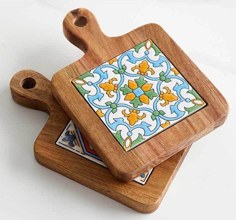 Wooden Trivet with Ceramic Tile Insert