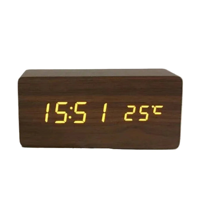LED Digital Alarm Clock Wood Grain Temperature Display