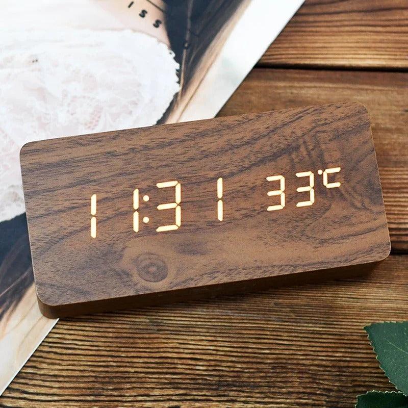 LED Digital Alarm Clock Wood Grain Temperature Display