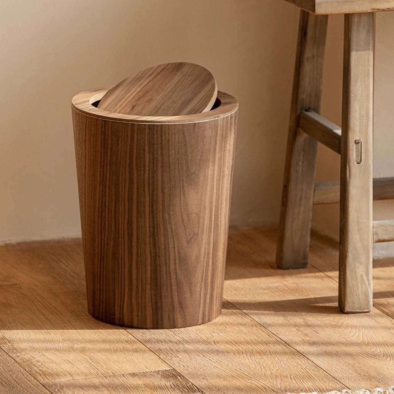 Wood Grain Swing Lid Trash Can Rotating Waste Bin