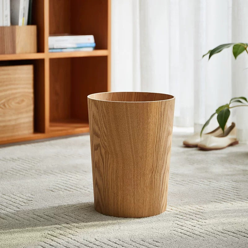 Wood Grain Swing Lid Trash Can Rotating Waste Bin
