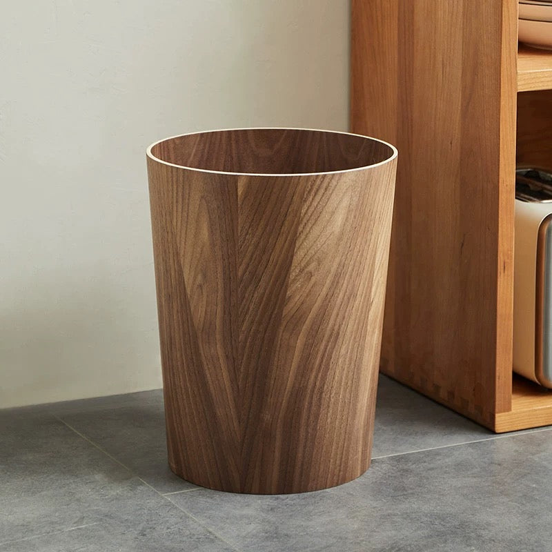 Wood Grain Swing Lid Trash Can Rotating Waste Bin