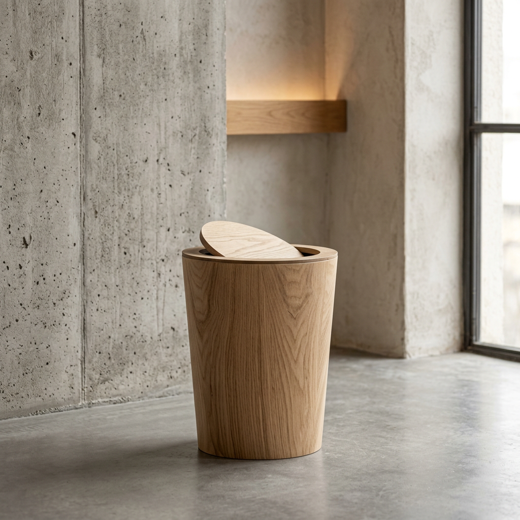 Wood Grain Swing Lid Trash Can Rotating Waste Bin