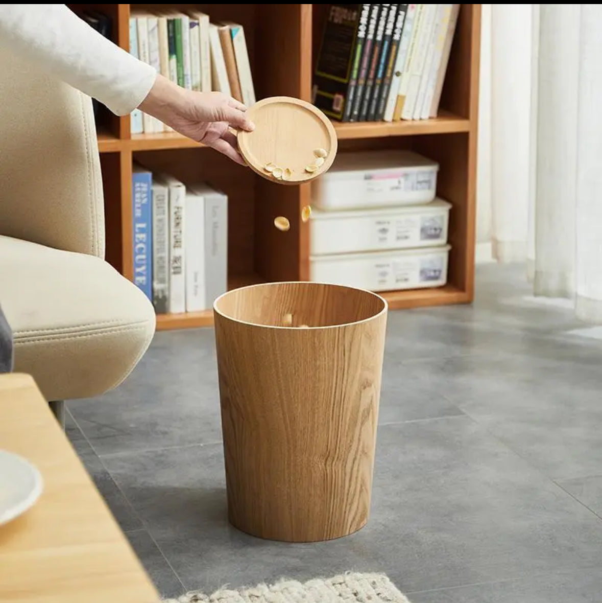 Wood Grain Swing Lid Trash Can Rotating Waste Bin