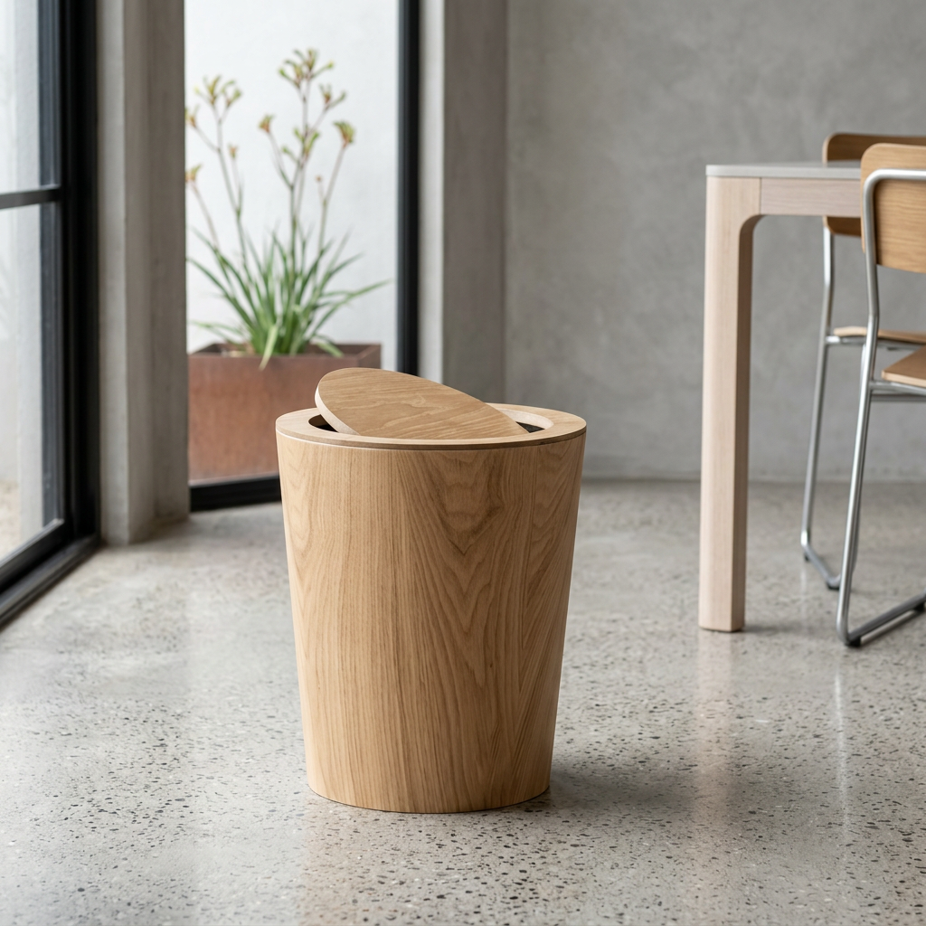 Wood Grain Swing Lid Trash Can Rotating Waste Bin