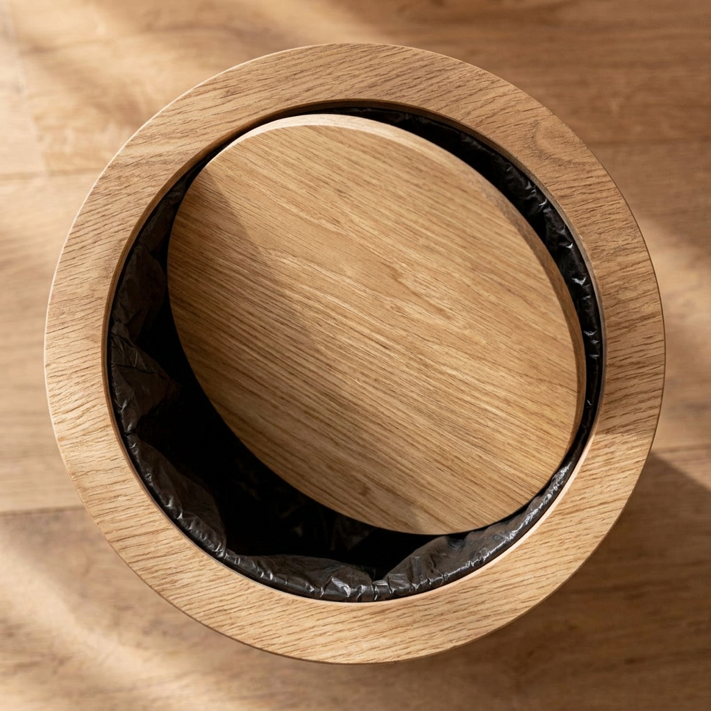 Wood Grain Swing Lid Trash Can Rotating Waste Bin