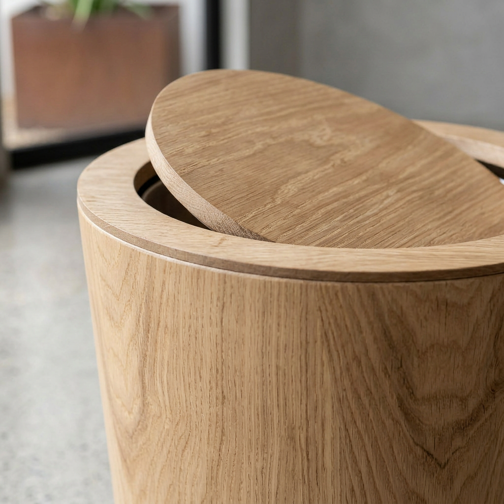 Wood Grain Swing Lid Trash Can Rotating Waste Bin