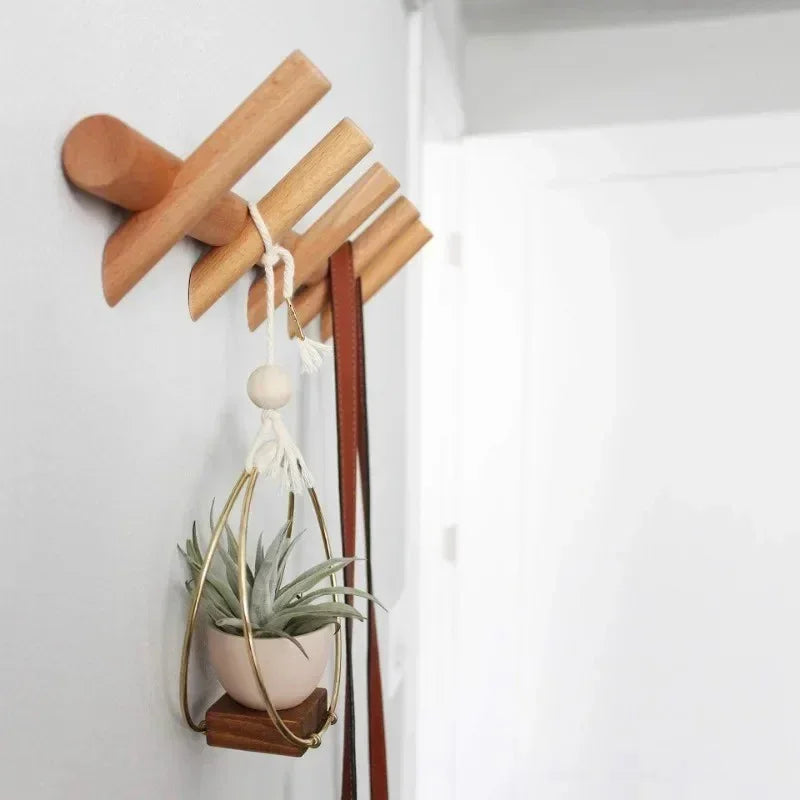 Oak Wall Rack with 5 Hooks for Hallways and Entryways