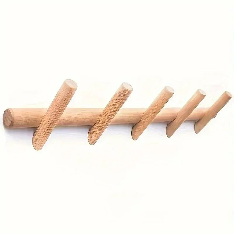 Oak Wall Rack with 5 Hooks for Hallways and Entryways