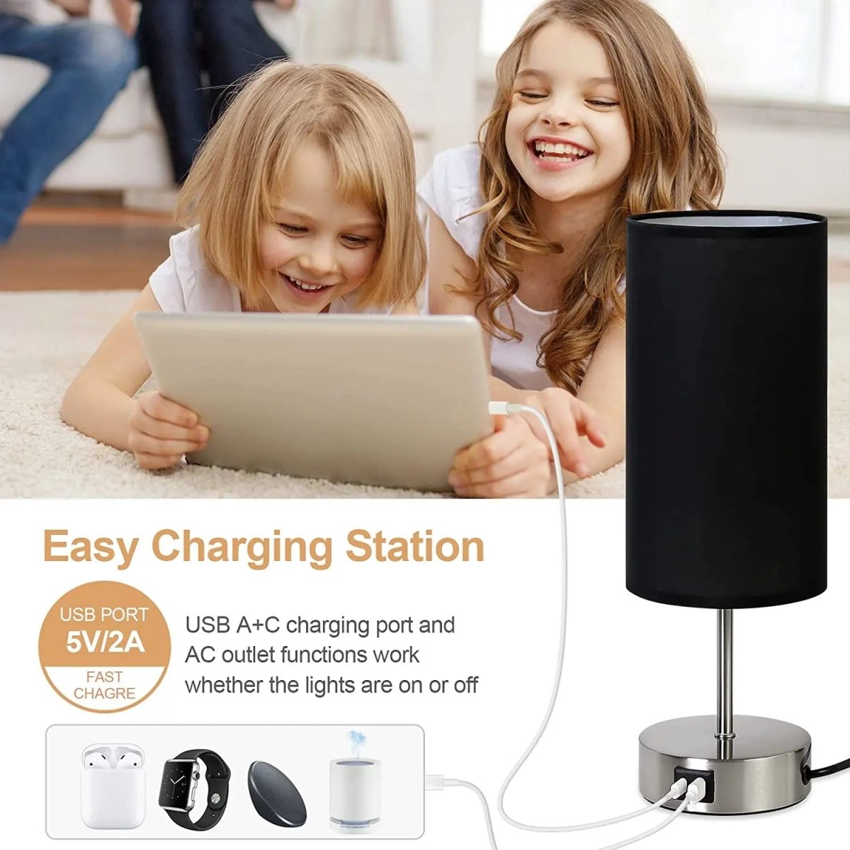 Bedside Table Lamp Touch Dimmable USB C Charging Ports AC Outlet Fabric Drum Shade Nightstand