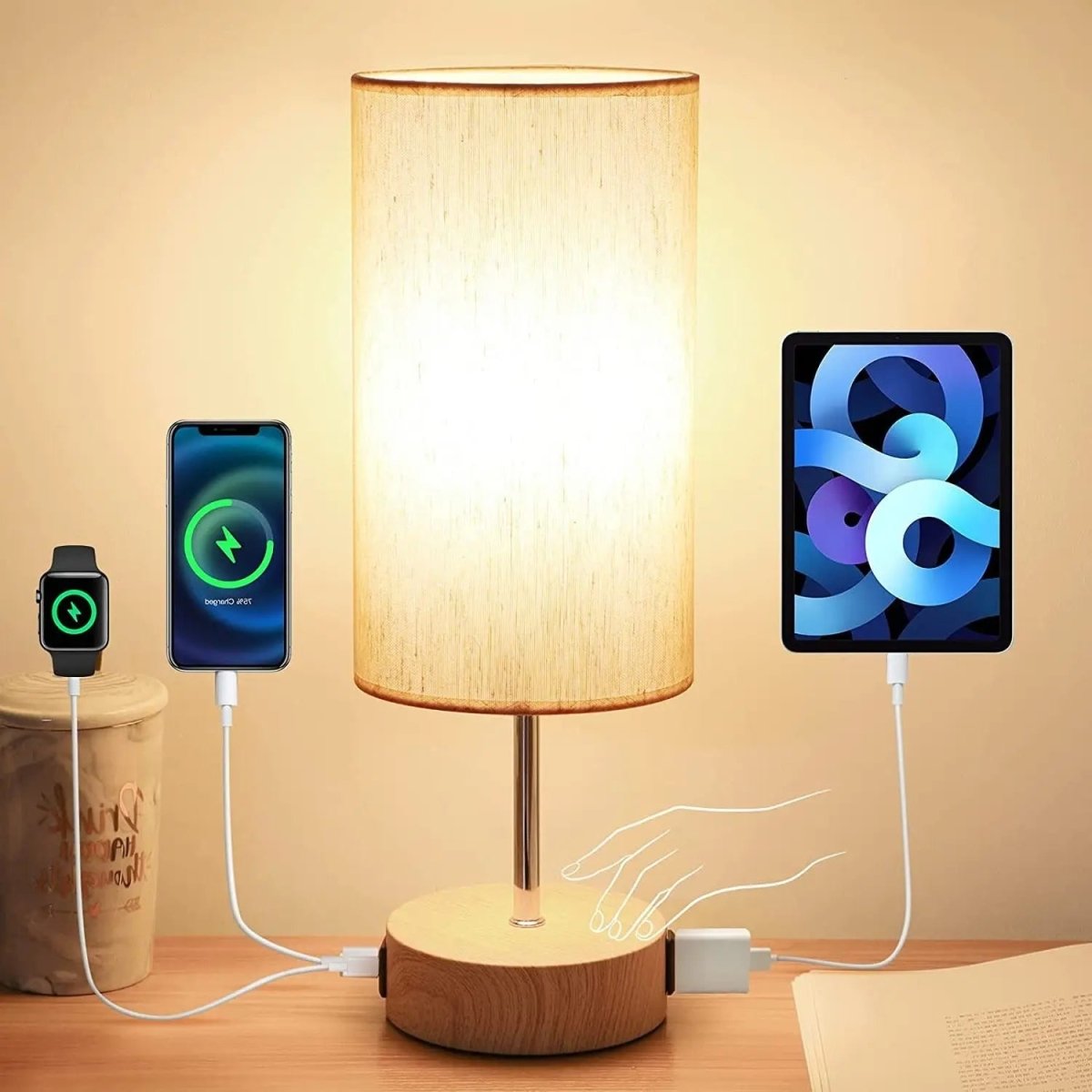 Bedside Table Lamp Touch Dimmable USB C Charging Ports AC Outlet Fabric Drum Shade Nightstand