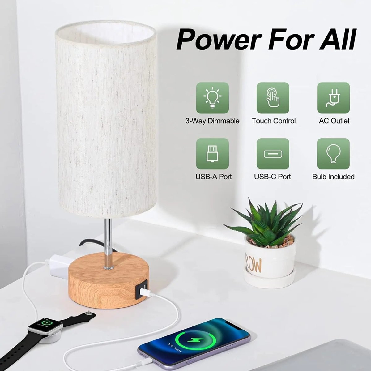 Bedside Table Lamp Touch Dimmable USB C Charging Ports AC Outlet Fabric Drum Shade Nightstand