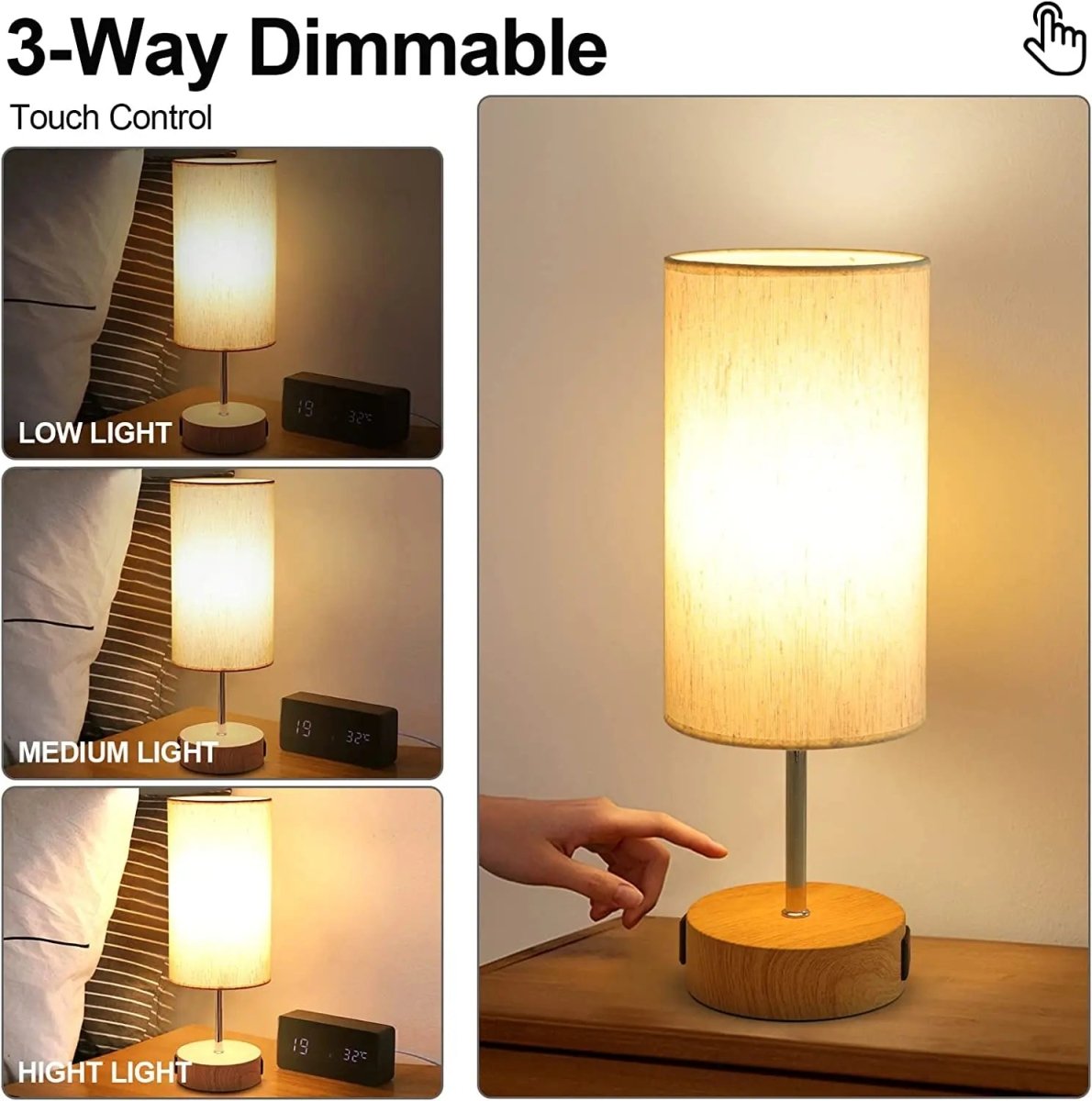 Bedside Table Lamp Touch Dimmable USB C Charging Ports AC Outlet Fabric Drum Shade Nightstand