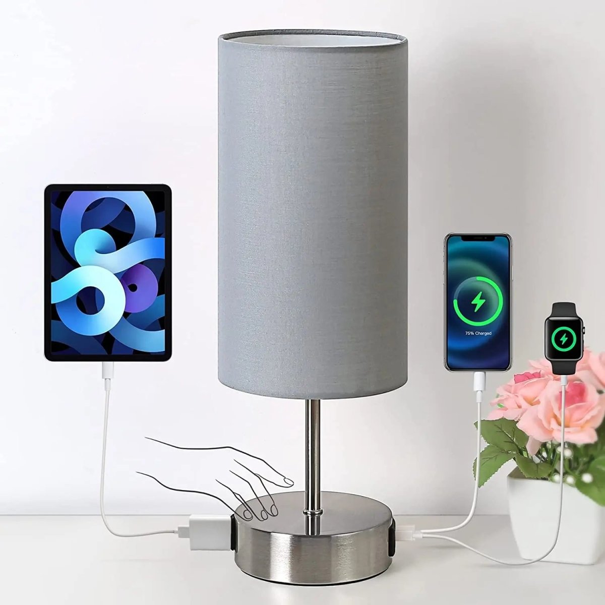 Bedside Table Lamp Touch Dimmable USB C Charging Ports AC Outlet Fabric Drum Shade Nightstand