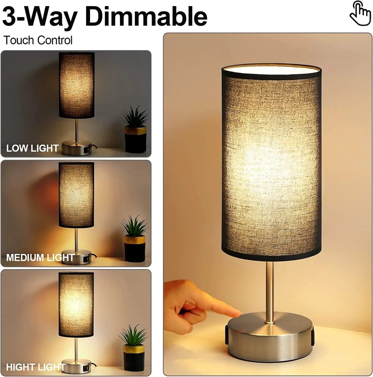 Bedside Table Lamp Touch Dimmable USB C Charging Ports AC Outlet Fabric Drum Shade Nightstand