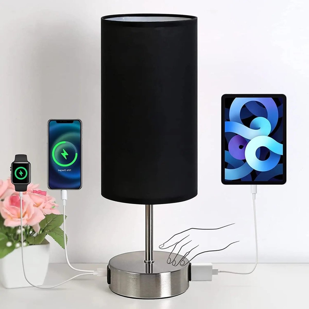 Bedside Table Lamp Touch Dimmable USB C Charging Ports AC Outlet Fabric Drum Shade Nightstand