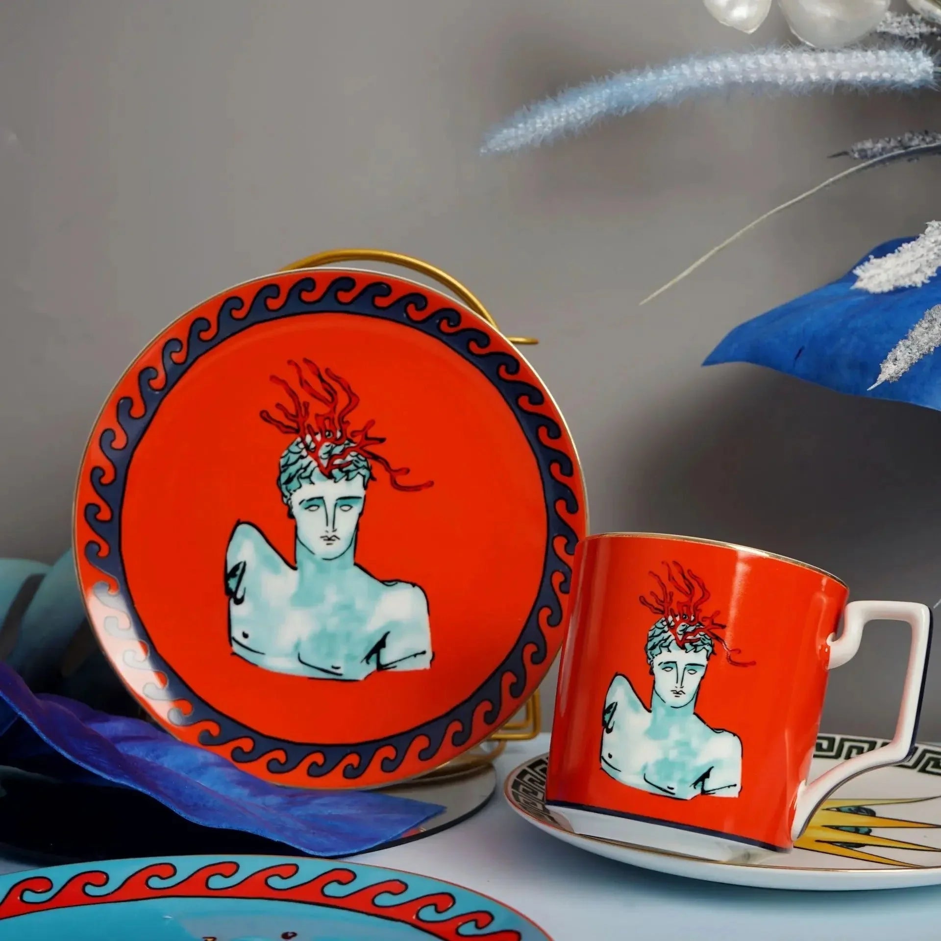 Greek Pattern Dinner Plate and Mug Mediterranean Tableware
