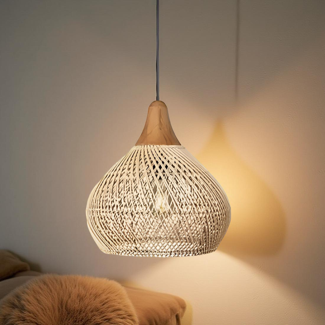 Pendant Light Handwoven Rattan Bell Boho Dining Room Kitchen Island Bedroom
