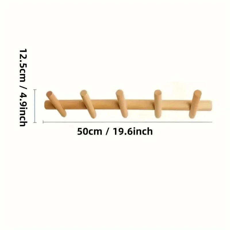 Oak Wall Rack with 5 Hooks for Hallways and Entryways