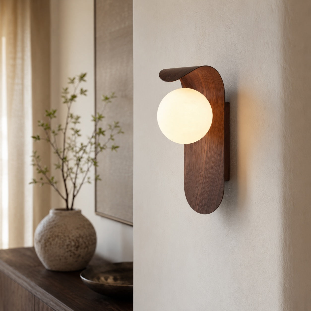 Bentwood Wall Sconce with Opal Glass Shade for Bedrooms