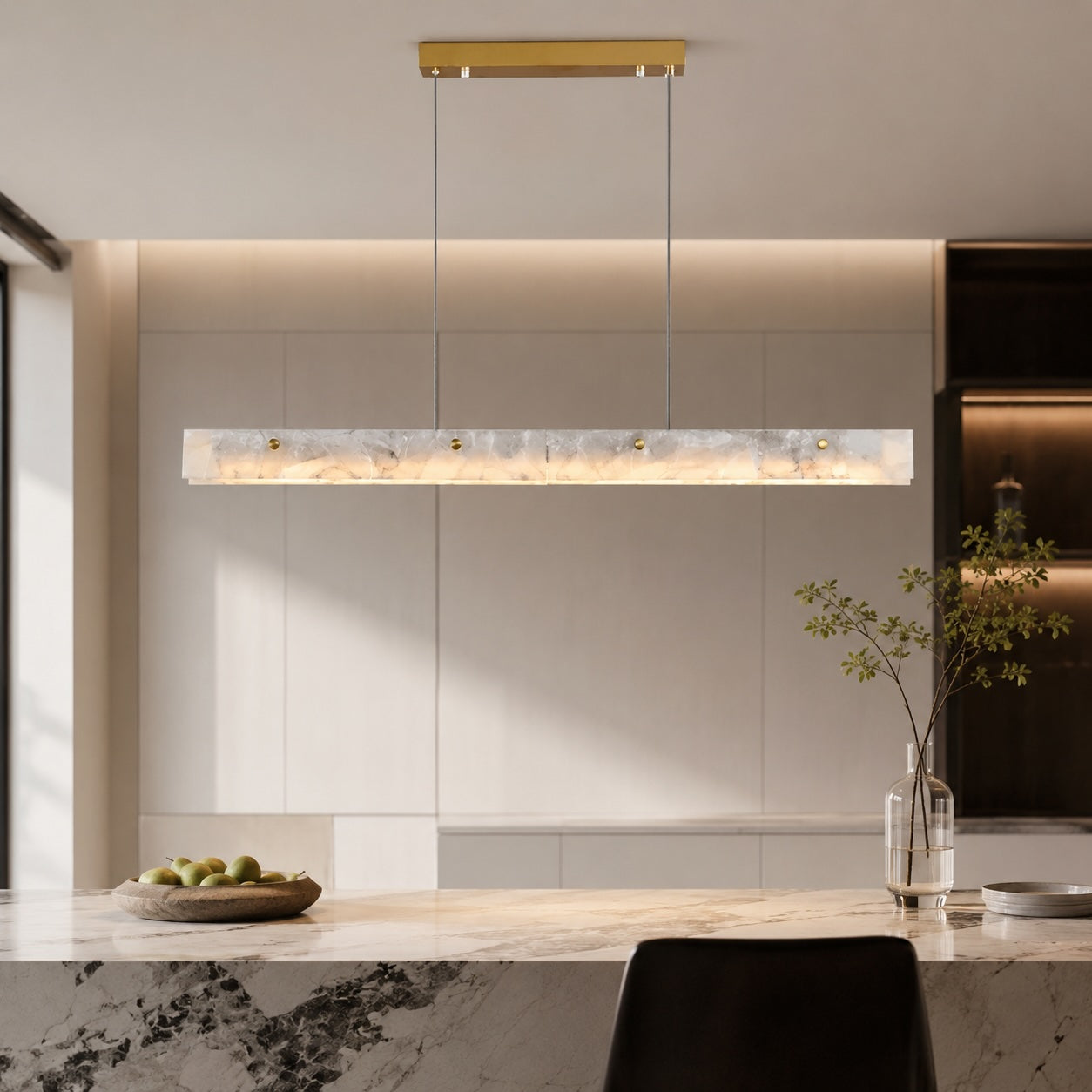 Marble and Steel Linear Pendant Light for Dining Rooms