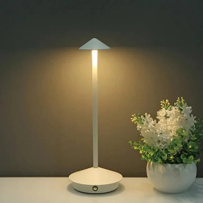 Rechargeable Table Lamp Slim Cone Shade Aluminium Cordless LED IP65 Touch Dimmable Bar Bedside