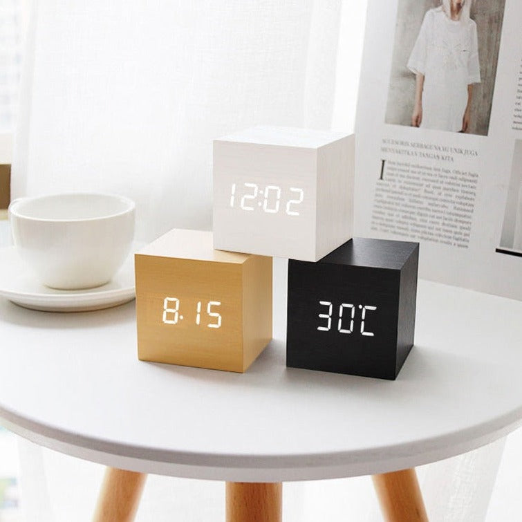 Alarm Clock LED Digital Cube Wood Grain Snooze Bedside Desk Bedroom Office